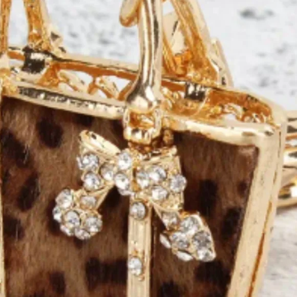🆕️ Golden Leopard Pattern HandBag Rhinestone Keychain Purse Charm ~ Gift Glam